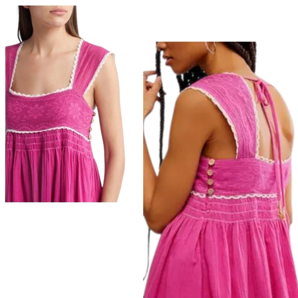 Free People Heartland Mini Dress Pink Lace Babydoll Boho sz L NWT - Picture 3 of 12